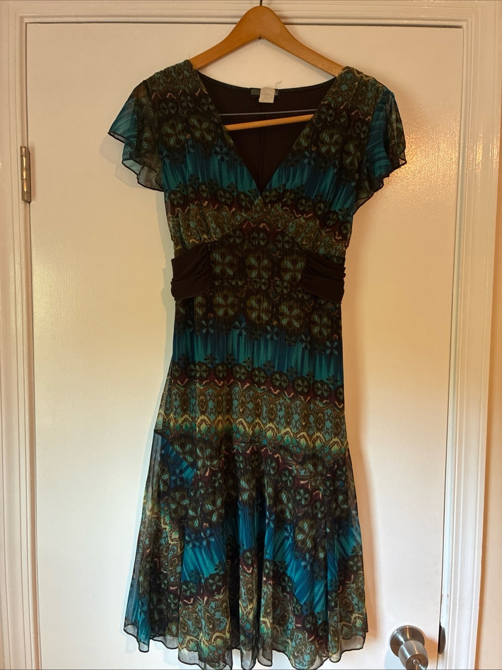 JTB Vintage Y2K brown/blue print dress stretch V-neck back tie size L